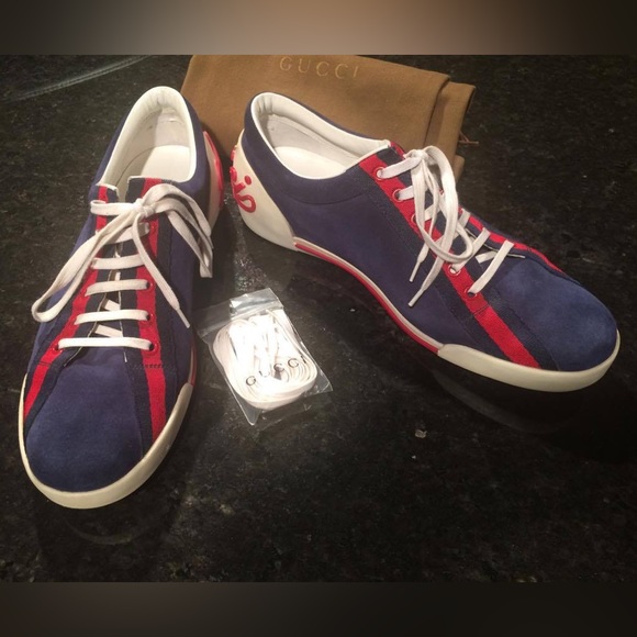 Gucci Blue Suede Script Logo Lace Up Low Sneakers Shoes size 8.5 - Picture 16 of 16